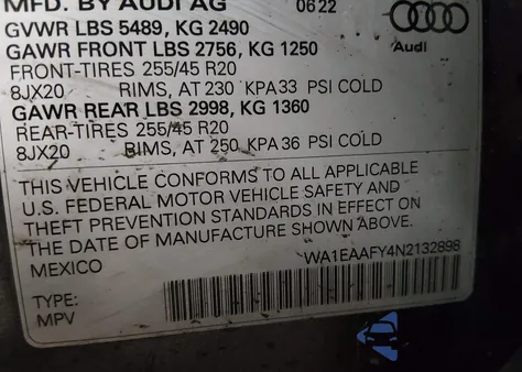 2022 Audi Q5 Premium Plus 45 Tfsi S Line Quattro S Tronic из США, поврежденный, VIN WA1EAAFY4N2132898